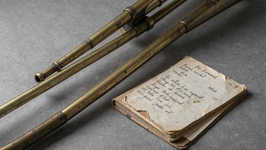 Close view of trombone slides and a worn blues rehearsal notebook