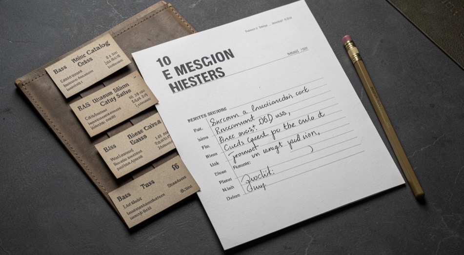 Brass catalog cards and a pencil beside a marked session sheet