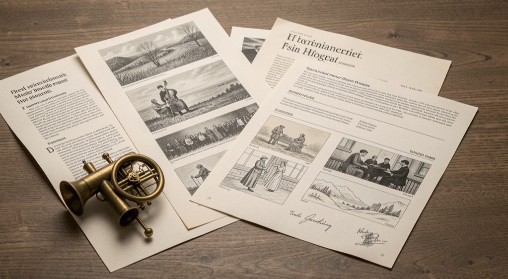 Fresh editorial proofs and source cards arranged beside a brass valve