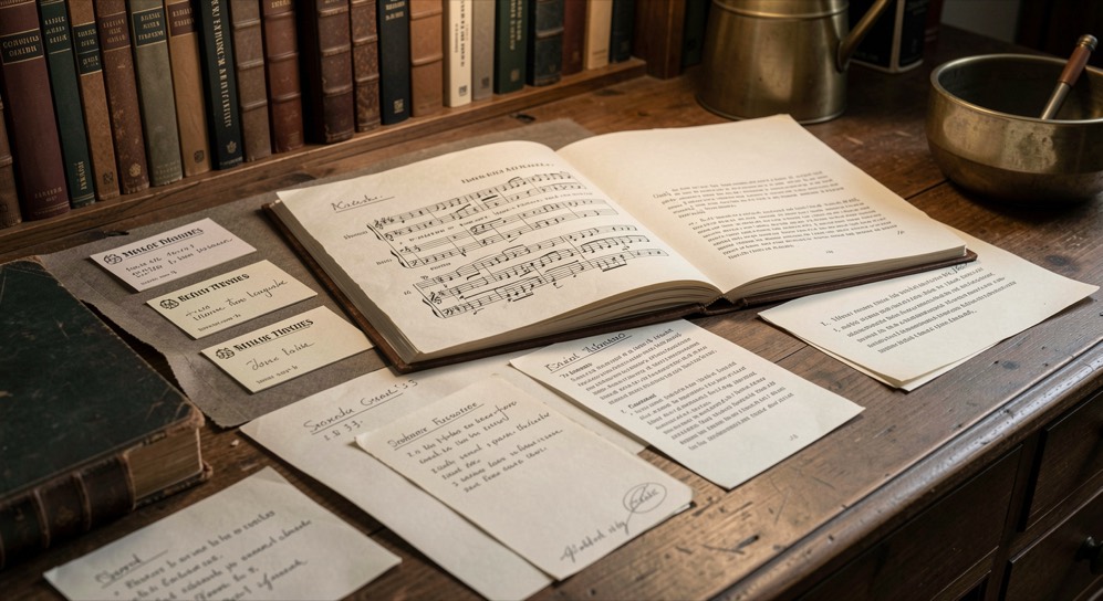 A technical dossier, a serial plate rubbing and a handwritten checklist on a workbench