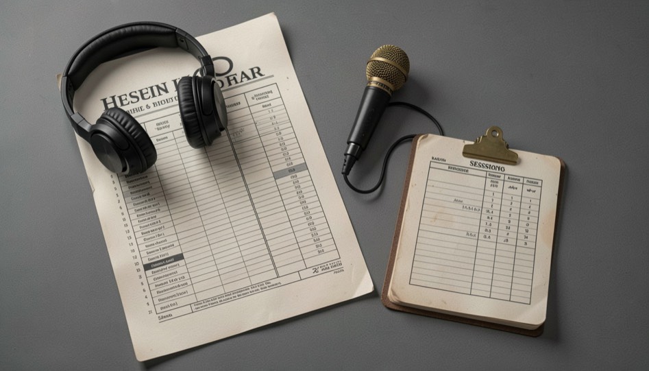 Open hymnal with numbered hymns, a pencil and a catalog card on a reading desk