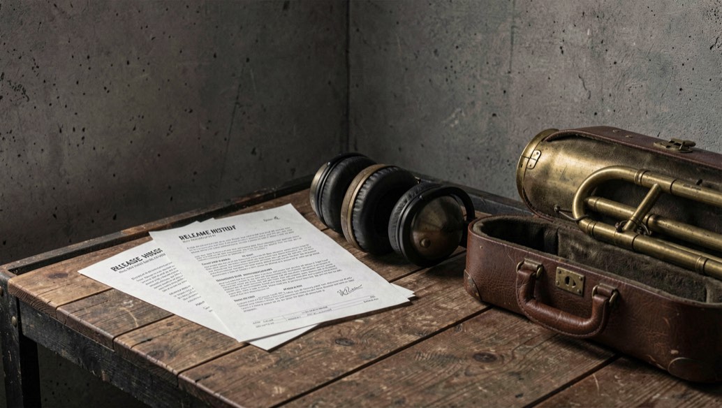 A quiet studio corner with release notes, headphones and a brass instrument case