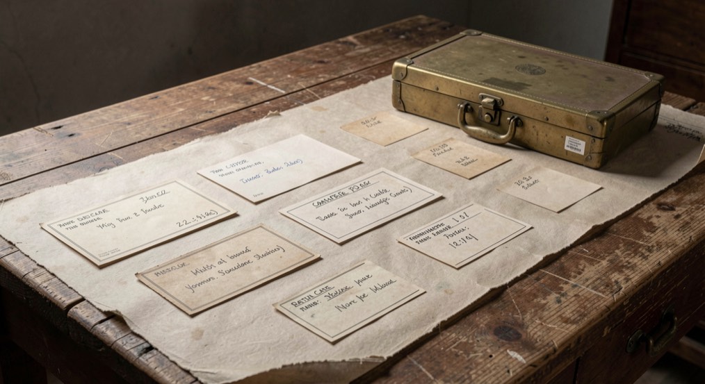 A folded topographical map of the Antietam battlefield on a wooden table beside a closed notebook, late afternoon window light raking across the paper