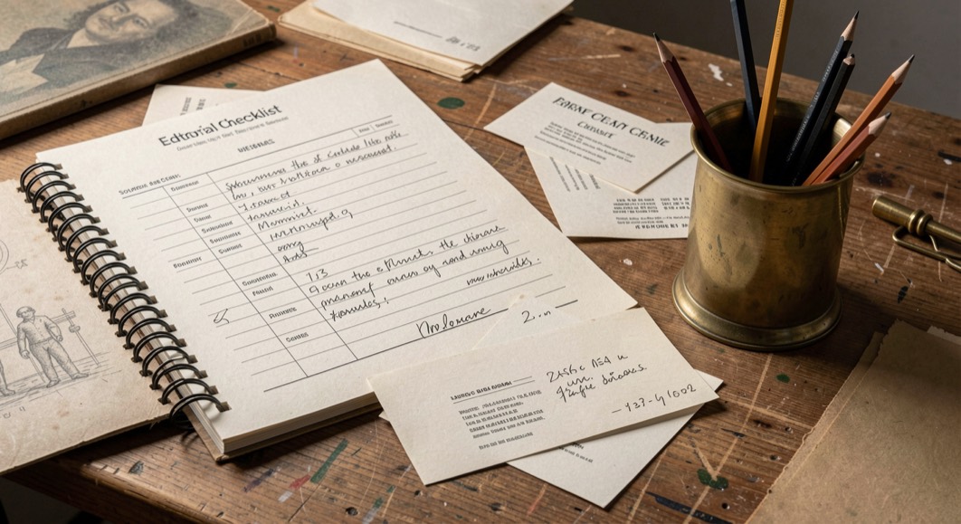Editorial checklist, source cards and a brass pencil cup on a worktable