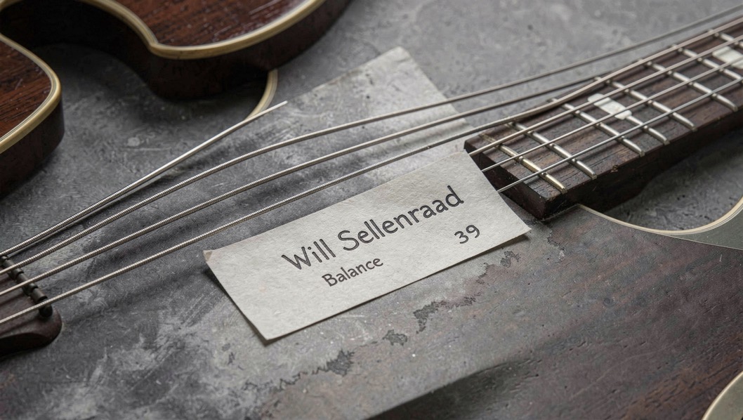 Electric guitar, bass strings and a careful source card for Will Sellenraad Balance
