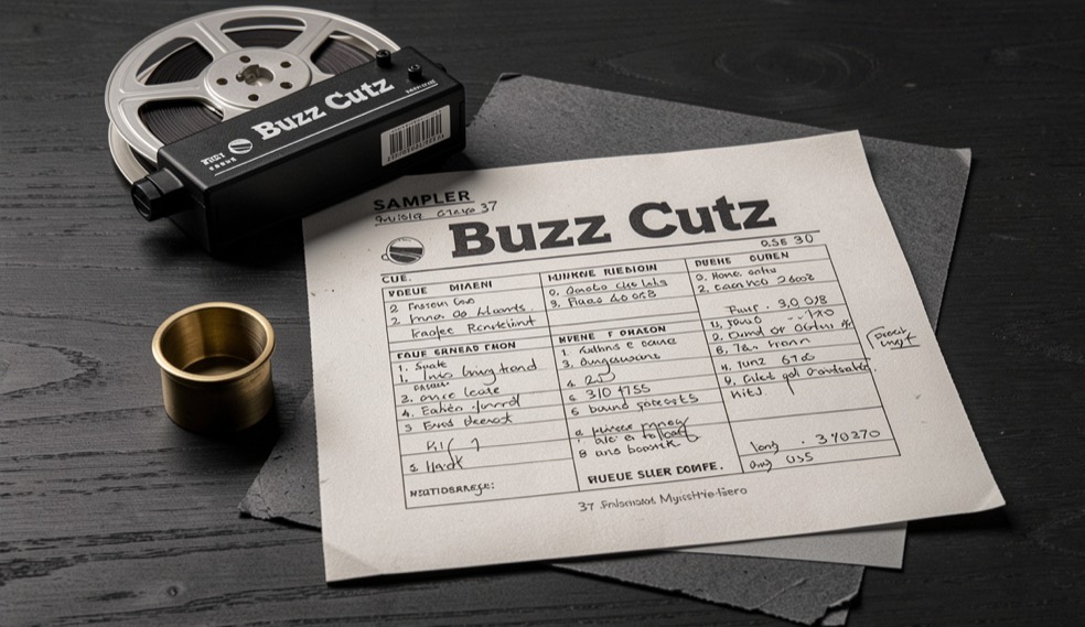 Sampler cue sheet, brass mouthpiece and reel box for Buzz Cutz