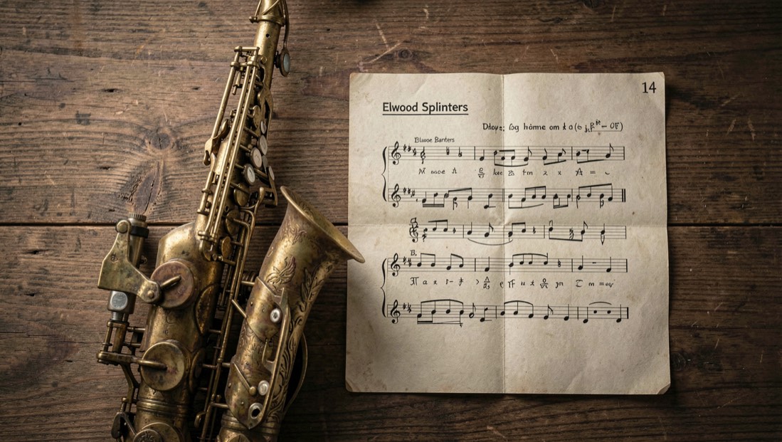 Baritone saxophone, wood grain and a clipped blues chart for Elwood Splinters