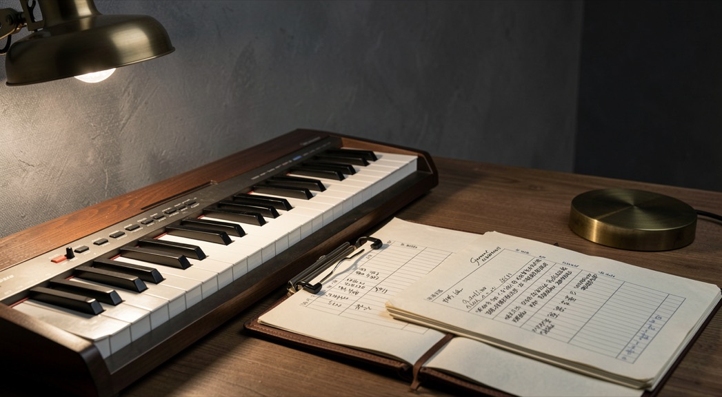 Piano keys, session ledger and a soft desk lamp for Grant Levin Sessions