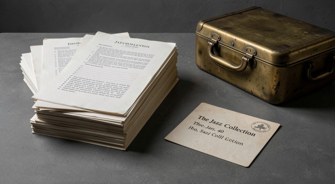 Curated stack of session sheets, brass cases and a library card for The Jazz Collection