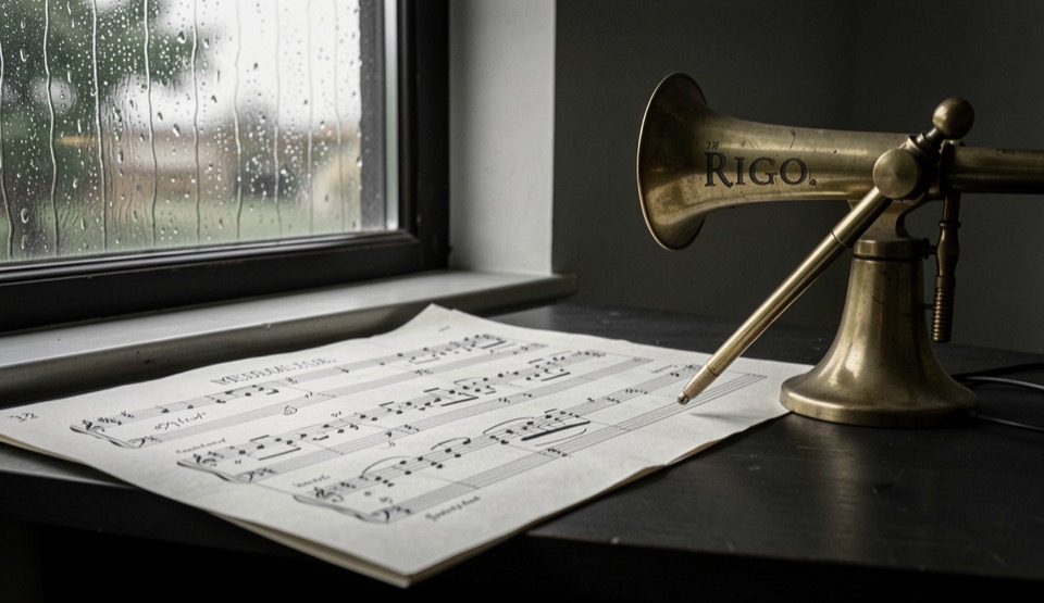 Piano score, rain-streaked window and brass tuning slide for Riego