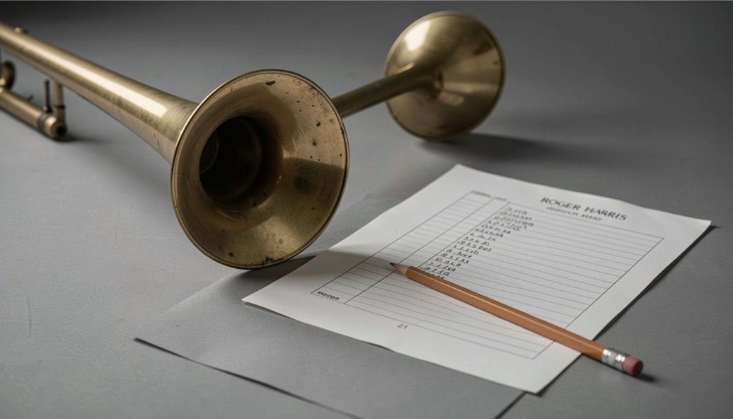 Trumpet bell, rehearsal pencil and lined chart for the Roger Harris release record