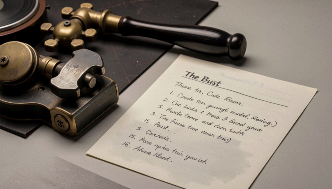 Piano hammer, brass valve and handwritten cue list for The Bust