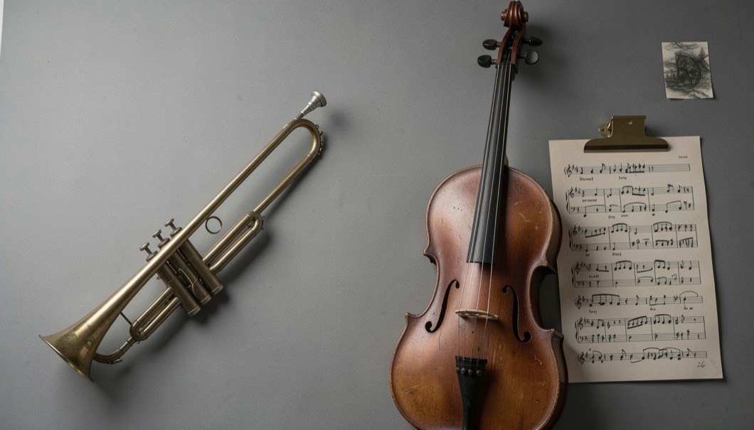 Trombone, upright bass and clipped rehearsal chart for the Top Shelf record page
