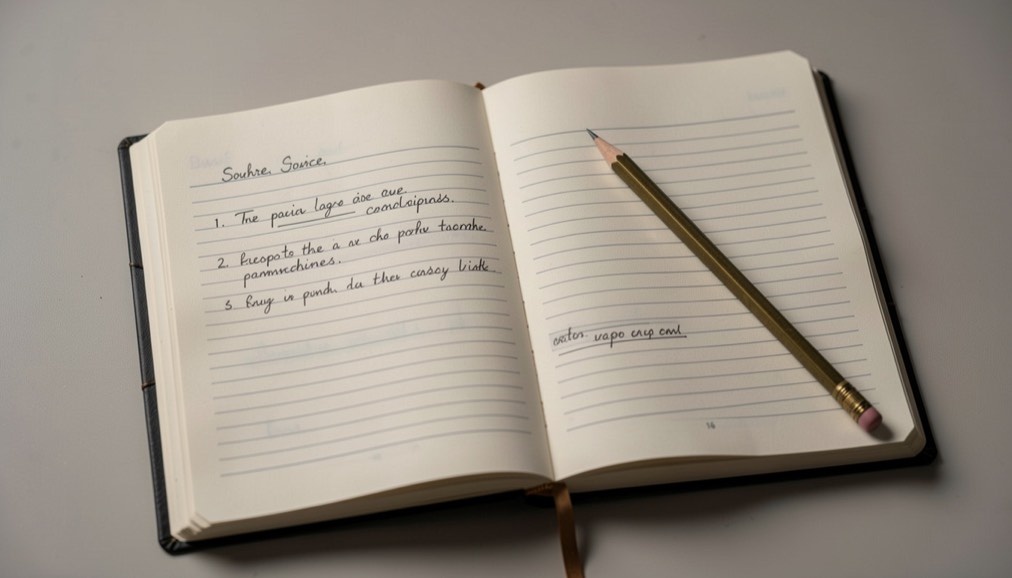 Index cards, a pencil and a printed database extract arranged on a reading desk
