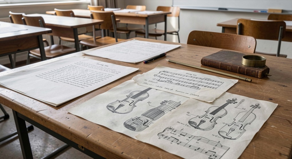 Teaching notes, lead sheets and instrument diagrams arranged on a music classroom table